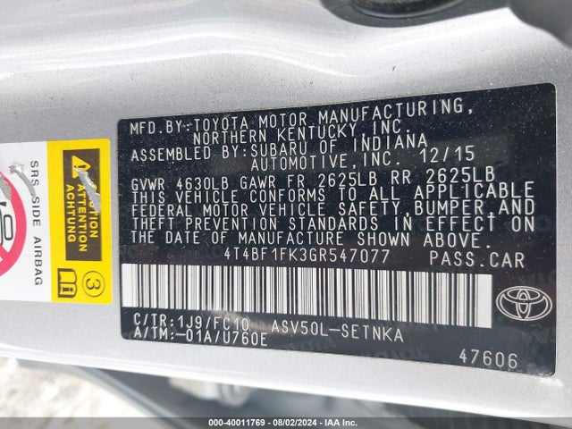 Toyota CAMRY LE 2016 4T4BF1FK3GR547077 Image 9
