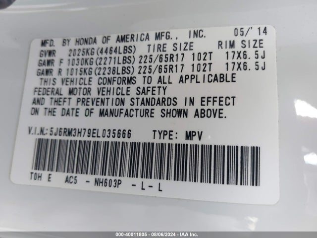 Honda Cr-v Ex-l 2014 5J6RM3H79EL035666 Image 9