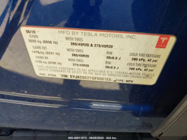 5YJXCBE27GF008152 Tesla Model X 60d/70d/75d/90d/p100d