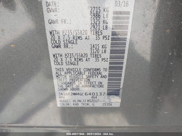 Nissan Pathfinder Platinum 2016 5N1AR2MM4GC640137 Image 9