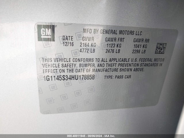 Chevrolet IMPALA 2LZ 2017 1G1145S34HU178858 Image 9