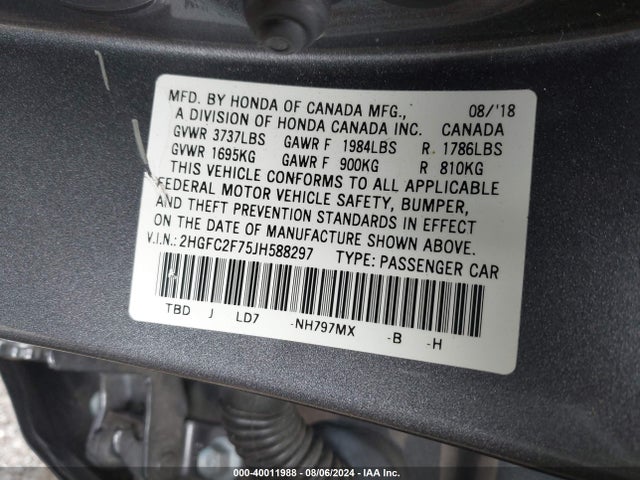 Honda CIVIC EX 2018 2HGFC2F75JH588297 Image 9