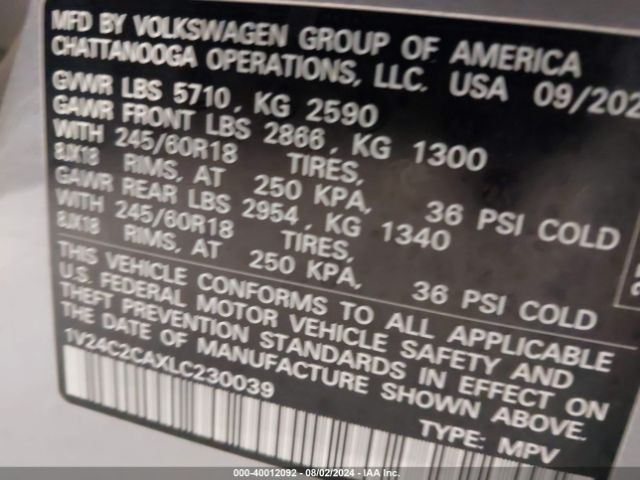 1V24C2CAXLC230039 Volkswagen Atlas Cross Sport 2.0t Se