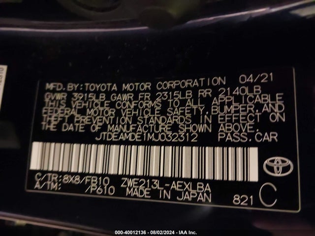 JTDEAMDE1MJ032312 Toyota Corolla Hybrid Le