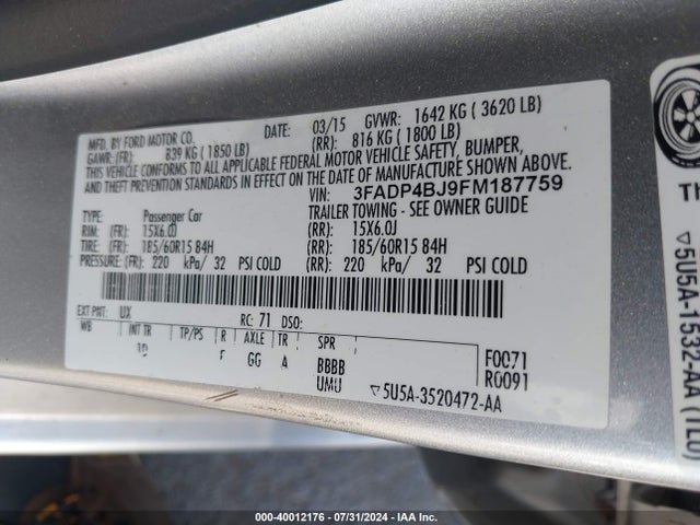 Ford FIESTA SE 2015 3FADP4BJ9FM187759 Image 9