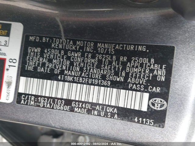 Toyota Avalon Xle Touring 2015 4T1BK1EB2FU191369 Image 9