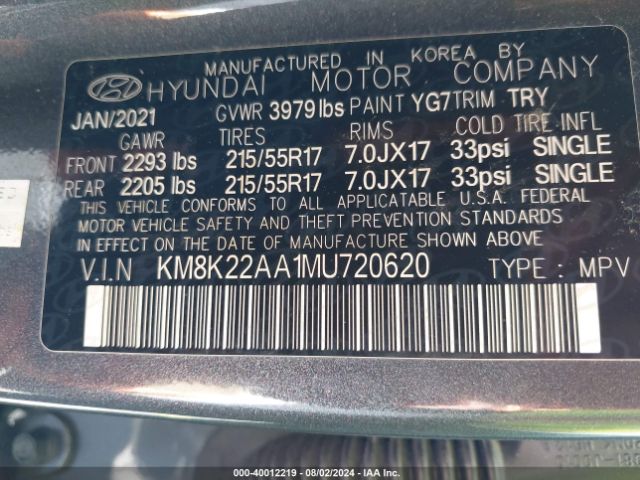 KM8K22AA1MU720620 Hyundai Kona Sel