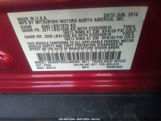 4A4AR4AU5EE033453 Mitsubishi Outlander Sport Se
