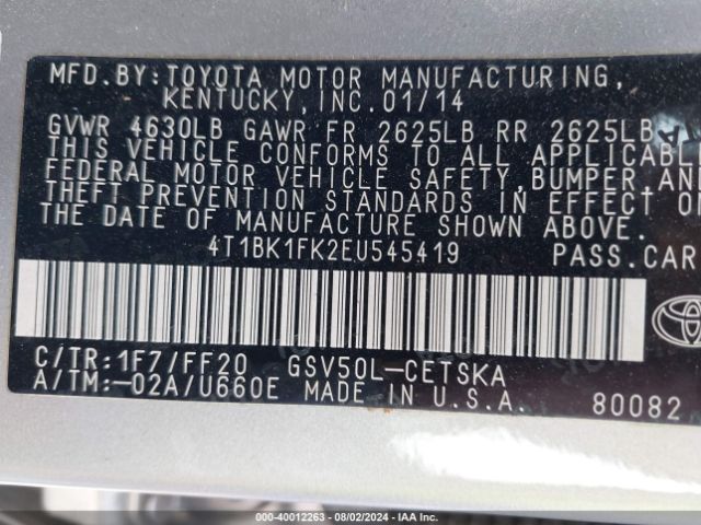 4T1BK1FK2EU545419 Toyota Camry Se V6