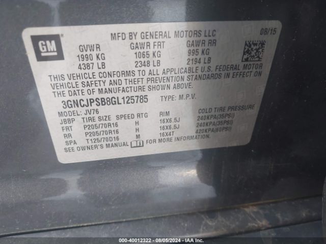 3GNCJPSB8GL125785 Chevrolet Trax Lt