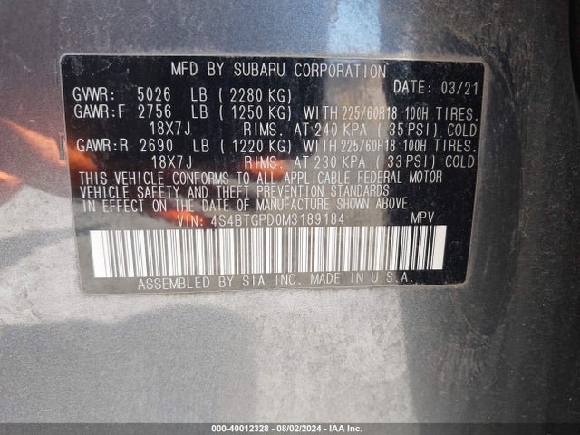 4S4BTGPD0M3189184 Subaru Outback Touring Xt