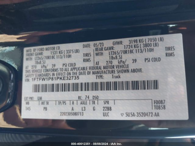 1FTFW1P81PKE32735 Ford F-150 Police Responder Xl