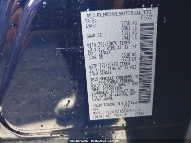 5N1DL1GSXNC335760 Infiniti Qx60 Sensory Awd