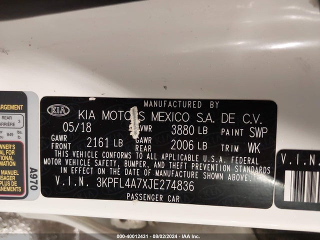 KIA FORTE LX 2018 3KPFL4A7XJE274836 Image 9