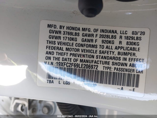 Honda Civic Lx 2020 19XFC2F69LE206972 Image 9