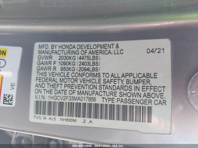 1HGCV2F33MA017856 Honda Accord Sport 2.0t