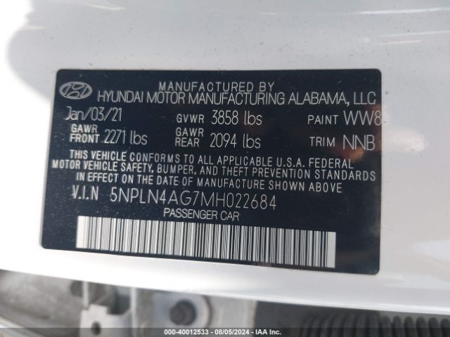 2021 HYUNDAI ELANTRA 5NPLN4AG7MH022684 Photo 8
