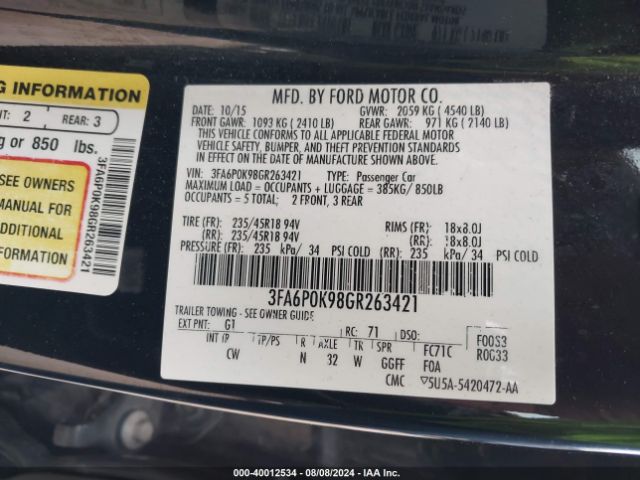 3FA6P0K98GR263421 Ford Fusion Titanium