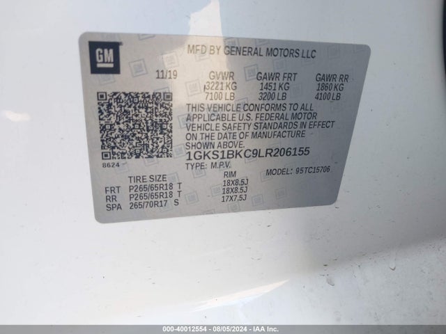 1GKS1BKC9LR206155 GMC Yukon 2wd Slt