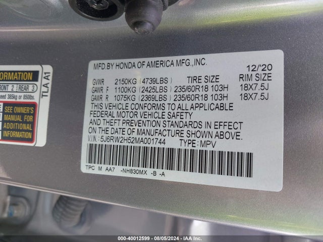 Honda Cr-v Awd Ex 2021 5J6RW2H52MA001744 Image 9