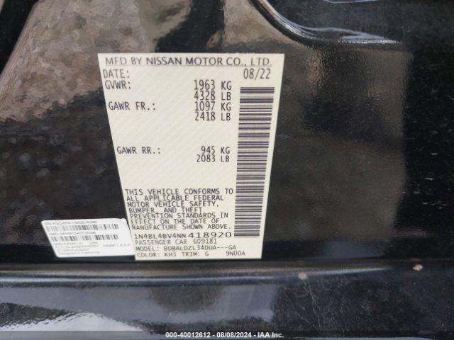 1N4BL4BV4NN418920 Nissan Altima S Fwd