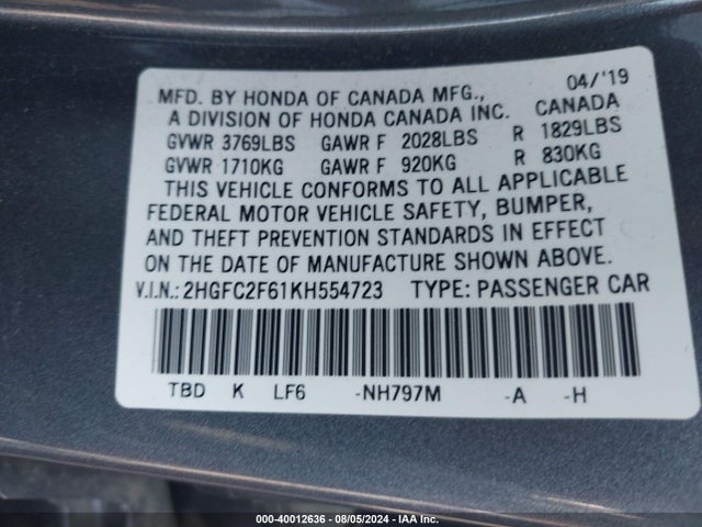 Aukcja sprzedaży 2019 Honda Civic Lx, vin: 2HGFC2F61KH554723, numer aukcji: 40012636