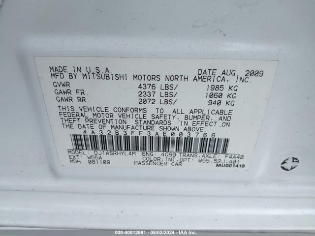 2010 MITSUBISHI GALANT 4A32B3FF3AE003766 Photo 8