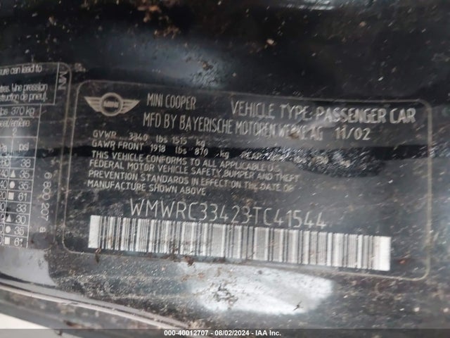2003 MINI COOPER WMWRC33423TC41544 Photo 8