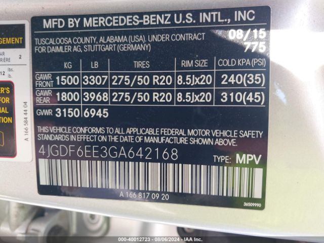 4JGDF6EE3GA642168 Mercedes-Benz Gl 450 4matic