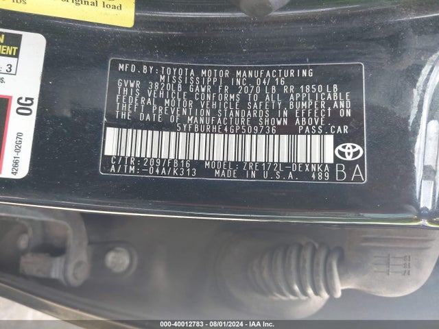 Toyota COROLLA LE 2016 5YFBURHE4GP509736 Image 9