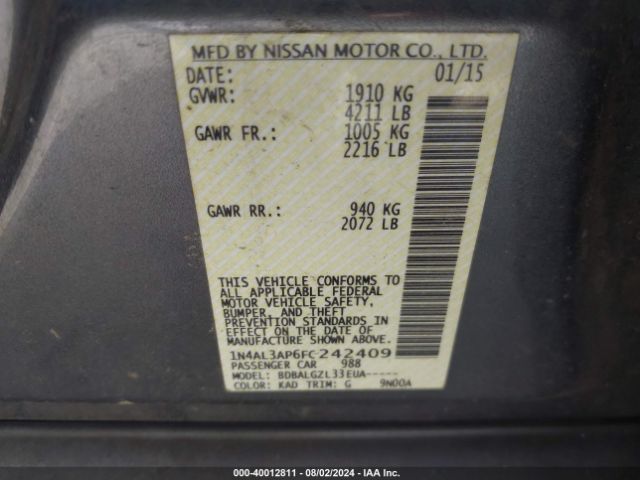 1N4AL3AP6FC242409 Nissan Altima 2.5/2.5 S/2.5 Sl/2.5 Sv