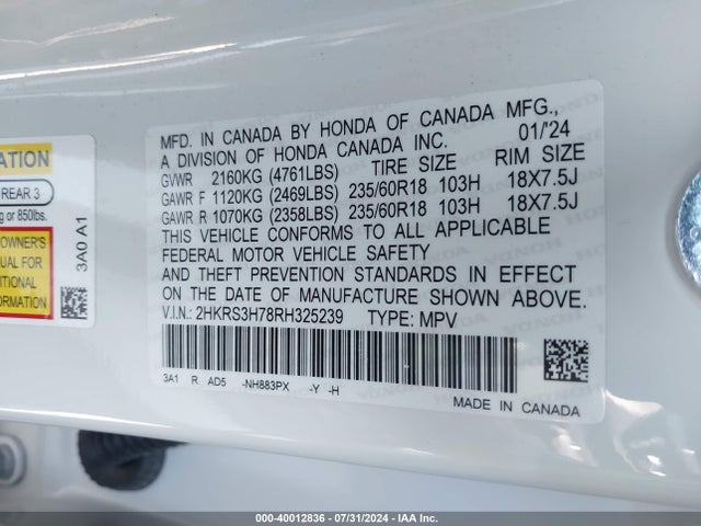 Honda Cr-v Ex-l 2wd 2024 2HKRS3H78RH325239 Image 9