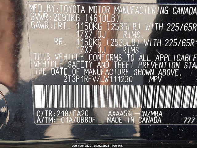 2T3P1RFV7LW111230 Toyota Rav4 Xle