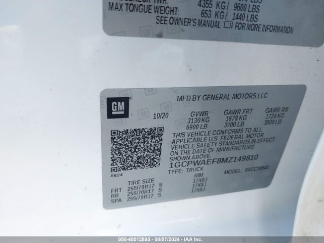 1GCPWAEF8MZ149810 Chevrolet Silverado 1500 2wd  Short Bed Wt