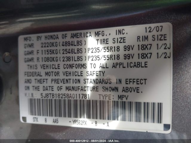2008 ACURA RDX 5J8TB18258A011781 Photo 8