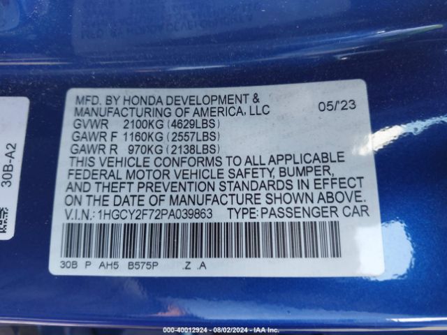 1HGCY2F72PA039863 Honda Accord Hybrid Sport-l