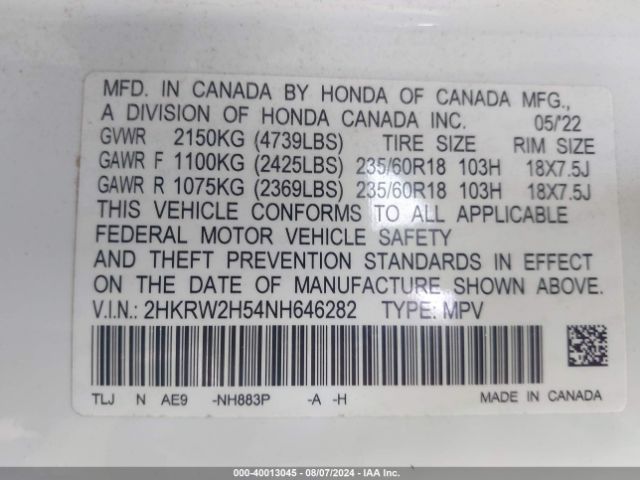2HKRW2H54NH646282 Honda Cr-v Awd Ex