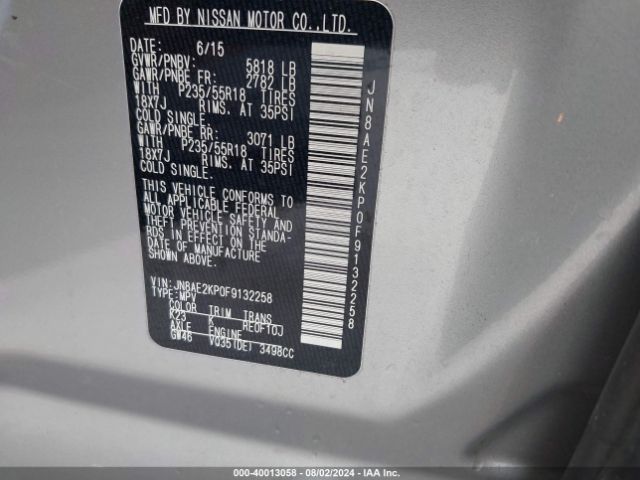 JN8AE2KP0F9132258 Nissan Quest Platinum/s/sl/sv