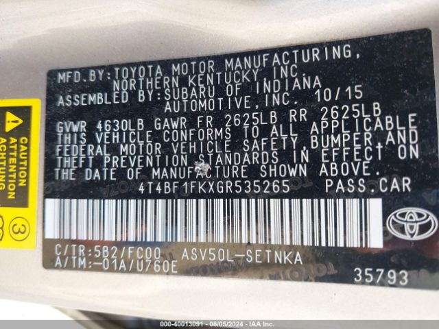 4T4BF1FKXGR535265 Toyota CAMRY LE