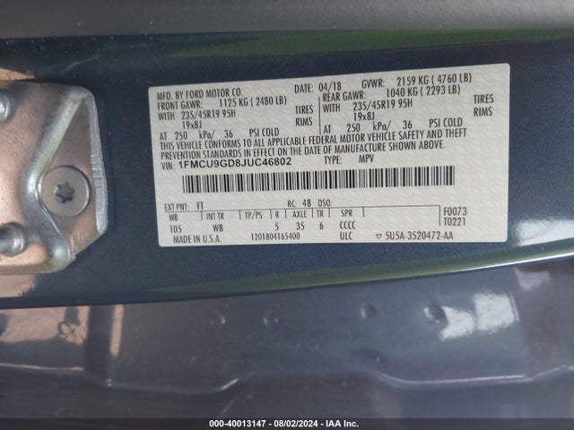 Ford ESCAPE SE 2018 1FMCU9GD8JUC46802 Image 9