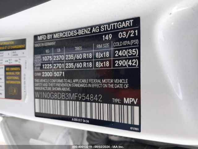 W1N0G8DB3MF954842 Mercedes-Benz Glc 300 Suv