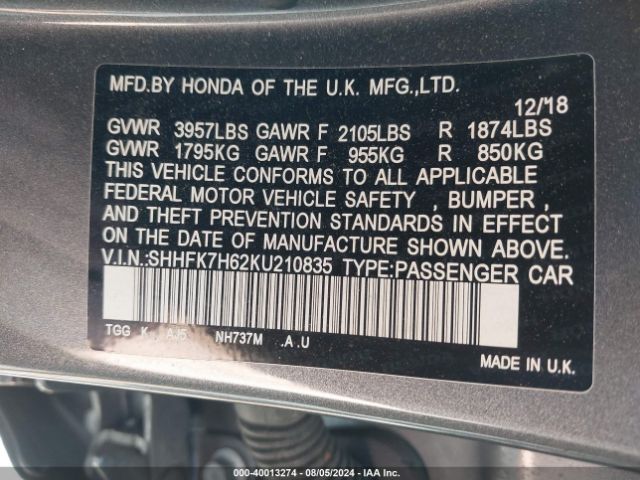 SHHFK7H62KU210835 Honda CIVIC EX