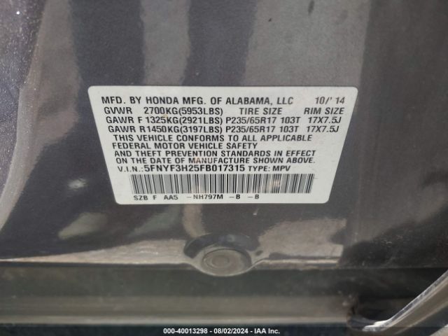 5FNYF3H25FB017315 Honda PILOT LX