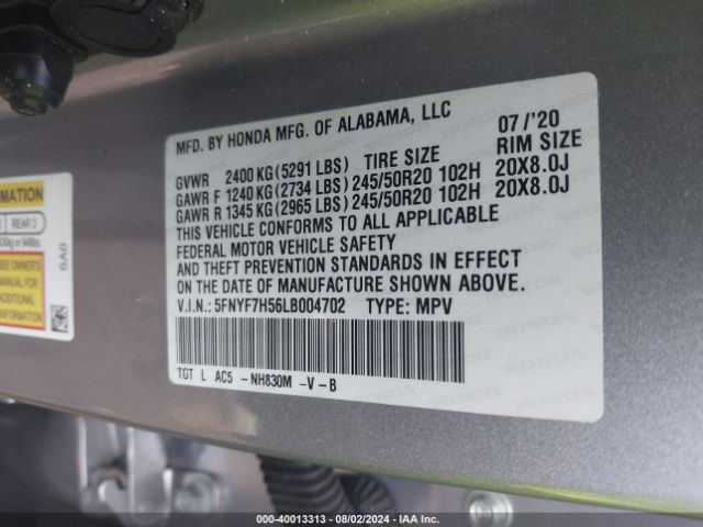 5FNYF7H56LB004702 Honda Passport 2wd Ex-l