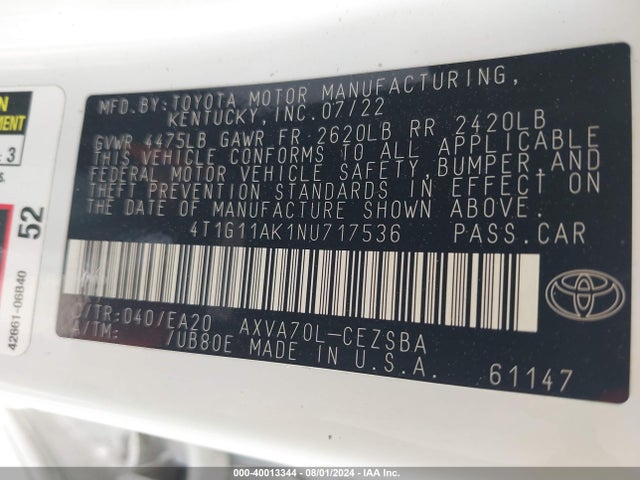 Toyota CAMRY SE 2022 4T1G11AK1NU717536 Image 9