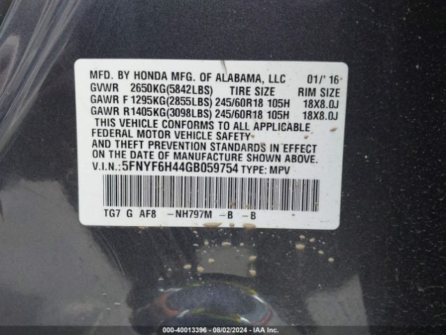 5FNYF6H44GB059754 Honda Pilot Ex