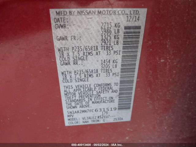5N1AR2MN7FC631519 Nissan Pathfinder Platinum/s/sl/sv