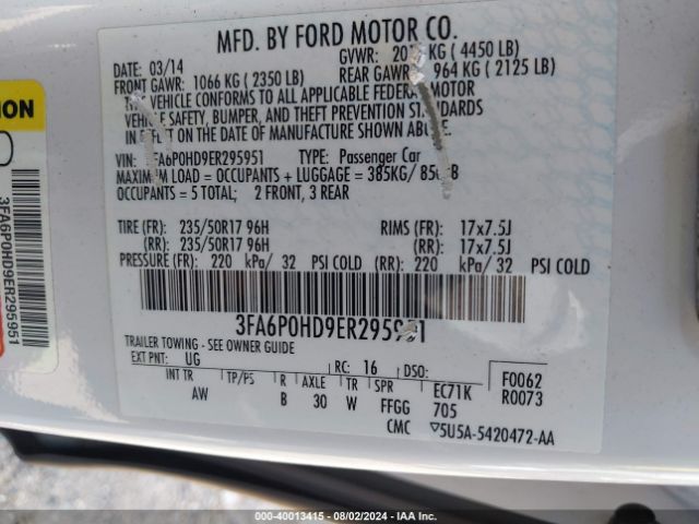 3FA6P0HD9ER295951 Ford FUSION SE