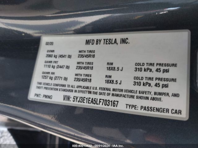 5YJ3E1EA5LF703167 Tesla Model 3 Standard Range Plus Rear-wheel Drive/standard Range Rear-wheel Drive