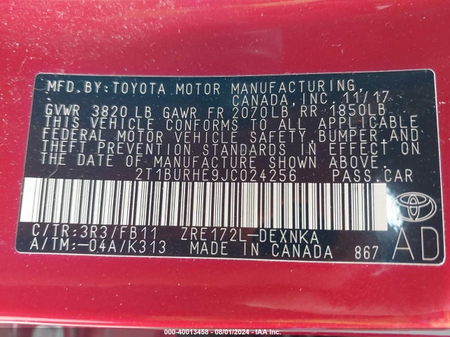 Toyota COROLLA LE 2018 2T1BURHE9JC024256 Image 9